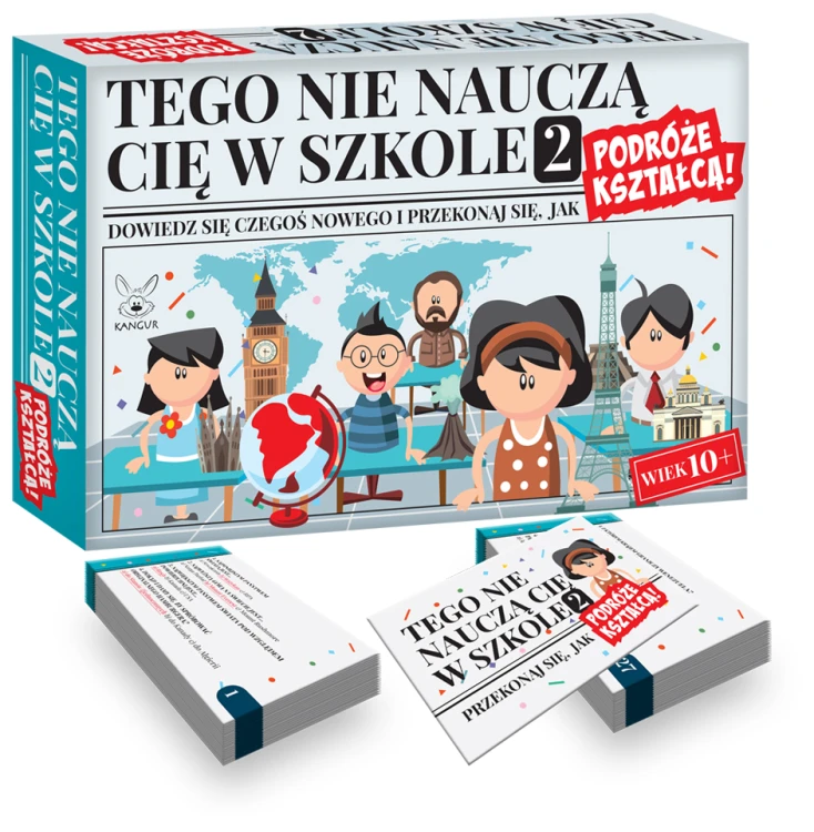 Gra edukacyjna Tego nie nauczą Cię w szkole 2 KANGUR - pudełko i karty w formacie 115x174 mm