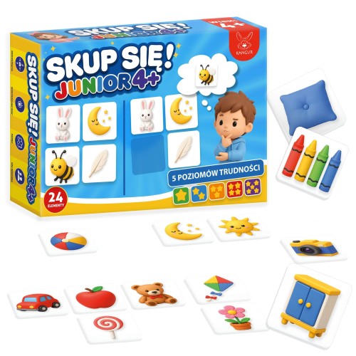 Gra edukacyjna Skup się! Junior 4+ KANGUR — front pudełka z grafiką i logo