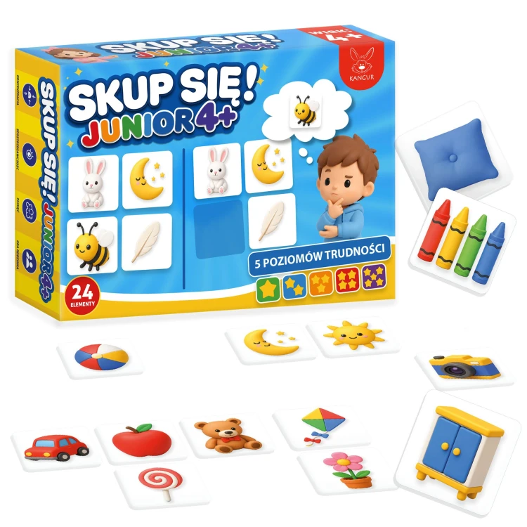 Gra edukacyjna Skup się! Junior 4+ KANGUR — front pudełka z grafiką i logo