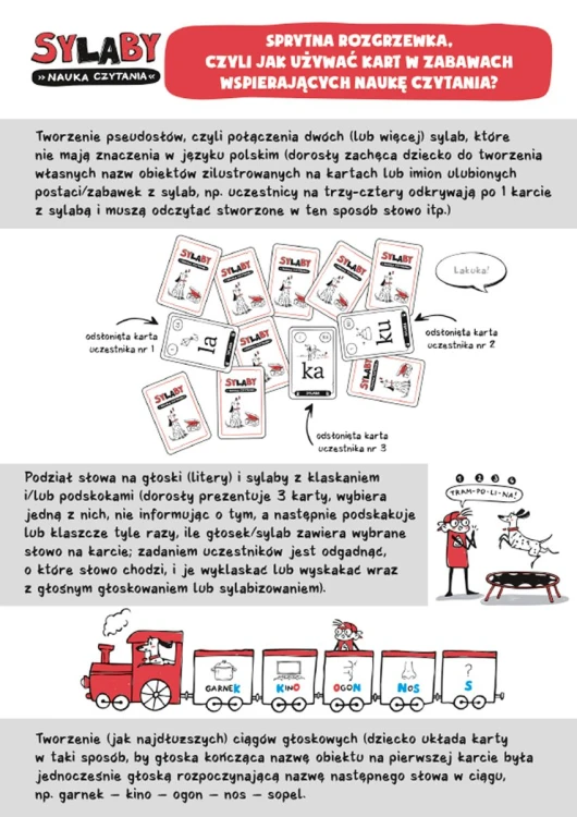 Karty gry SY-LA-BY z instrukcją i poradami na temat nauki czytania sylabowego