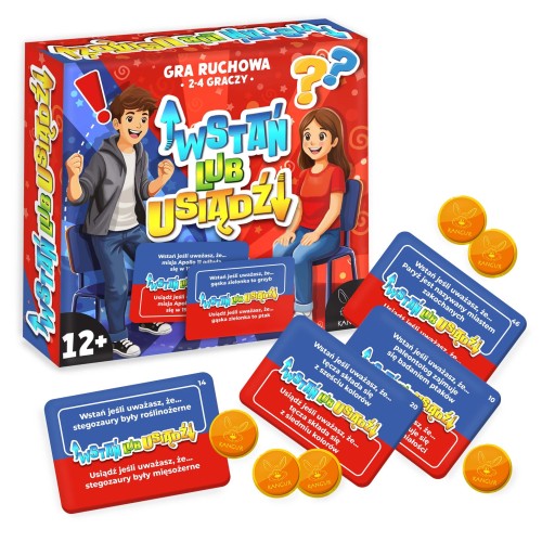 Gra ruchowa Wstań lub Usiądź KANGUR - quiz wiedzy i aktywności dla osób 12+ w formacie 172x185 mm