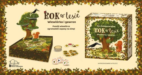 Plansza i elementy gry Rok w lesie – Wiewiórka i gawron, kooperacyjna gra logiczna dla dzieci