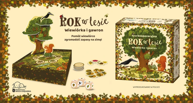 Plansza i elementy gry Rok w lesie – Wiewiórka i gawron, kooperacyjna gra logiczna dla dzieci