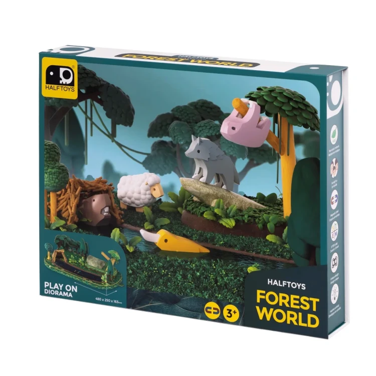 Diorama Half Toys z arkuszy tektury do zabawy w leśnej scenerii
