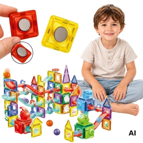Magnetyczne klocki 3D WOOPIE z torem kulkowym - zestaw konstrukcyjny 170 elementów