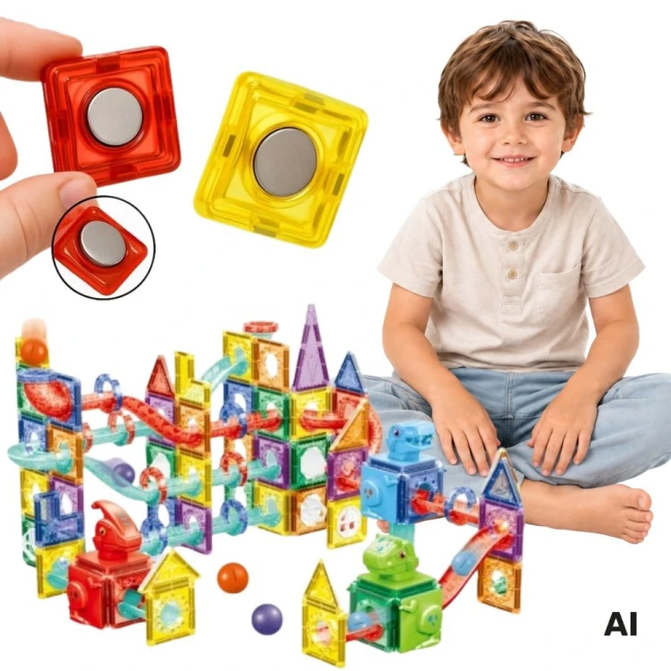 Magnetyczne klocki 3D WOOPIE z torem kulkowym - zestaw konstrukcyjny 170 elementów