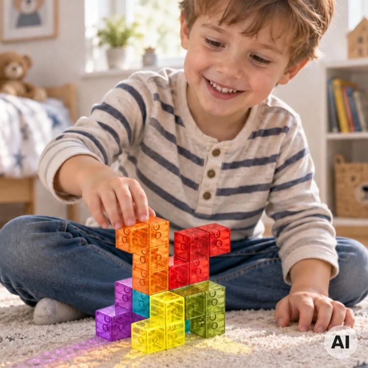 Detale klocków magnetycznych WOOPIE Tetris 3D pokazujące przezroczystość i magnesy neodymowe