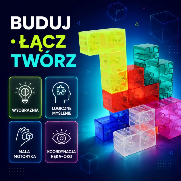 Kolorowe klocki magnetyczne WOOPIE Tetris 3D ułożone w przestrzenną konstrukcję