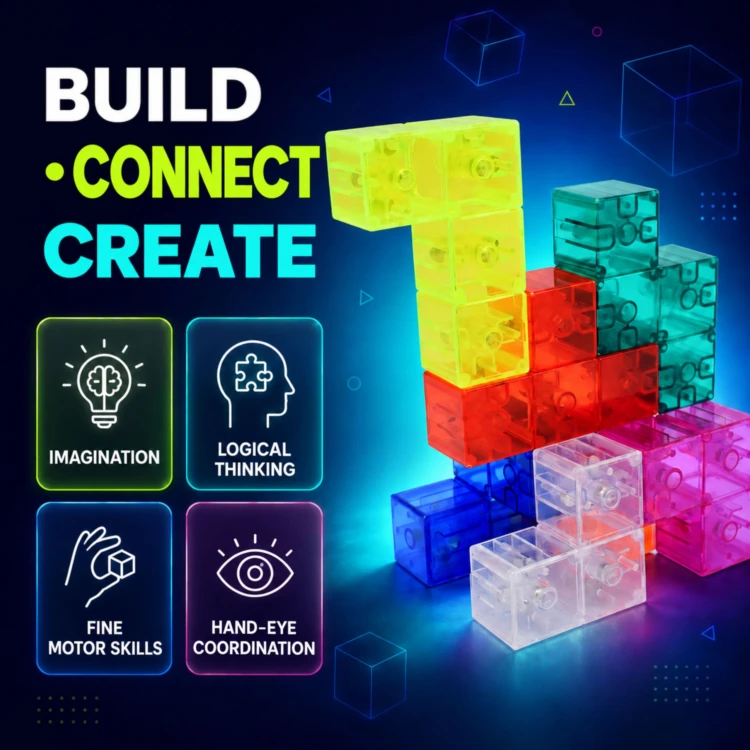 Elementy zestawu magnetycznych klocków WOOPIE Tetris 3D z bliska, pokazujące połączenia magnesowe