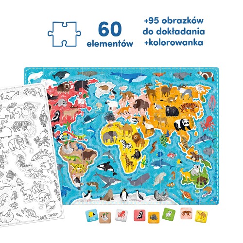 Zestaw edukacyjnych puzzli Zwierzęta świata z 95 obrazkami do wyszukiwania i kolorowanką