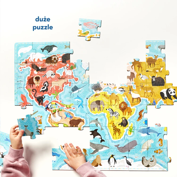 Szczegóły kolorowych puzzli Zwierzęta świata z elementami edukacyjnymi