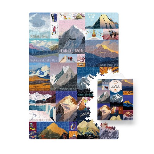 Widok z bliska na elementy puzzli Puzzlove Góry 8000 m n.p.m. z ilustracją gór