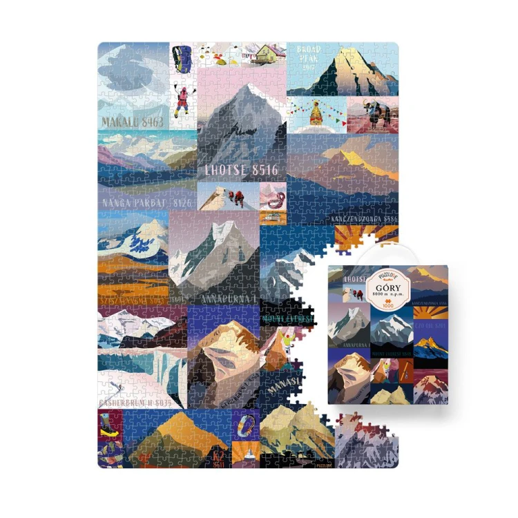 Widok z bliska na elementy puzzli Puzzlove Góry 8000 m n.p.m. z ilustracją gór