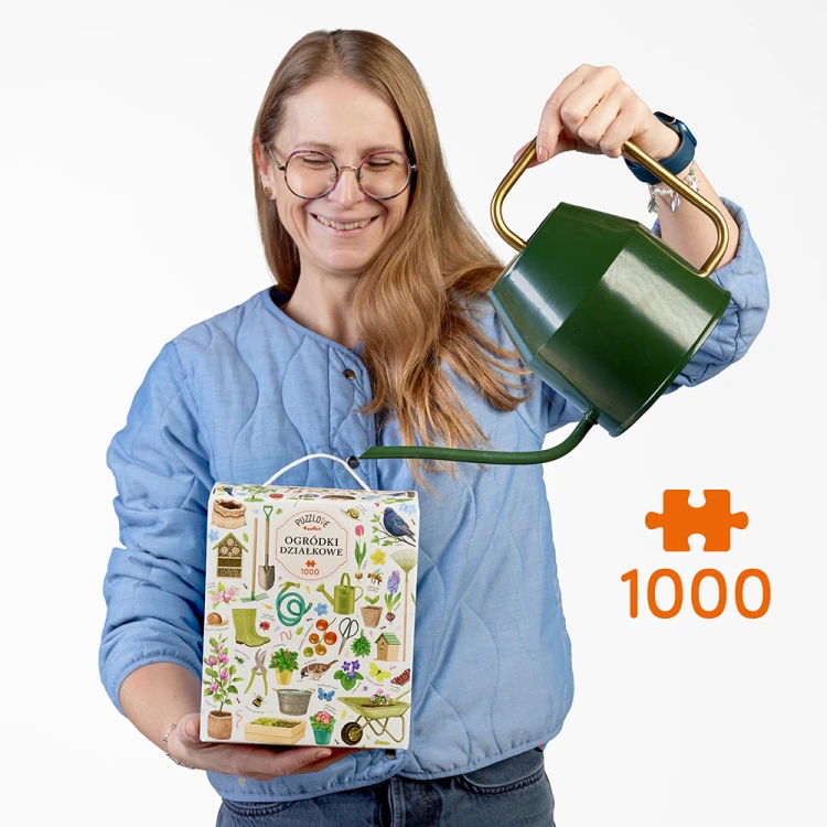 Fragment układanki Puzzlove Ogródki działkowe z detalami roślin i działkowiczów Bright Junior Media