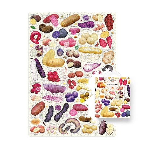 Detale ułożonych puzzli Puzzlove Ziemniaki o wymiarach 48x68 cm, pokazujące różnorodność bulw