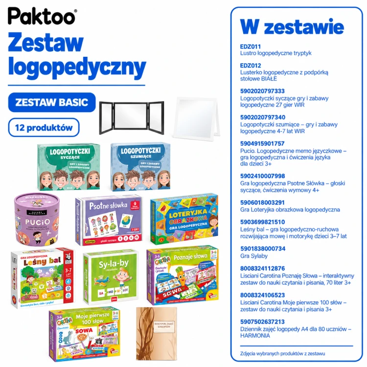 Zestaw logopedyczny BASIC z lusterkiem tryptyk i grami artykulacyjnymi marki Inna marka