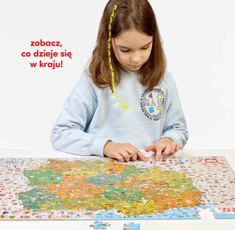 Ilustracja z puzzli Mapa Polski Bright Junior Media - zbliżenie na elementy i informacje edukacyjne