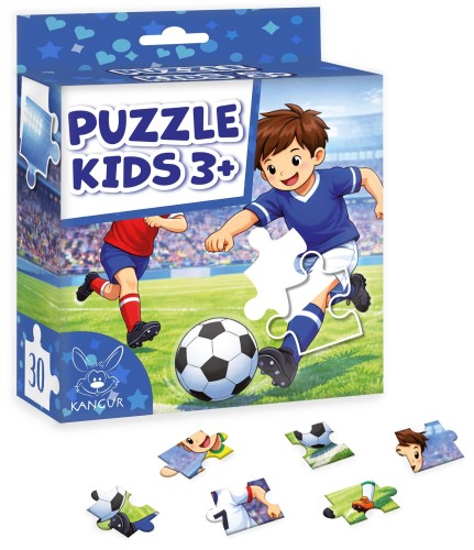 Puzzle Piłkarze 30 elementów KANGUR – widok opakowania zestawu z motywem piłki nożnej
