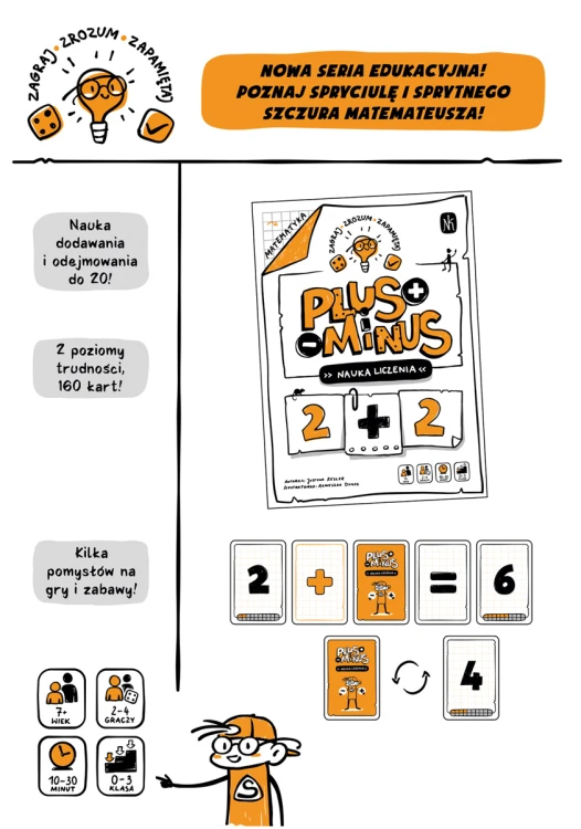 Zestaw kart do gry Plus i Minus NASZA KSIĘGARNIA z grafikami arbuza i sera wspierający naukę matematyki