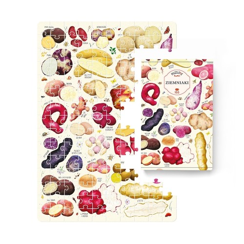 Widok pudełka i elementów puzzli Ziemniaki Bright Junior Media o wymiarach 18 x 12 x 4,5 cm