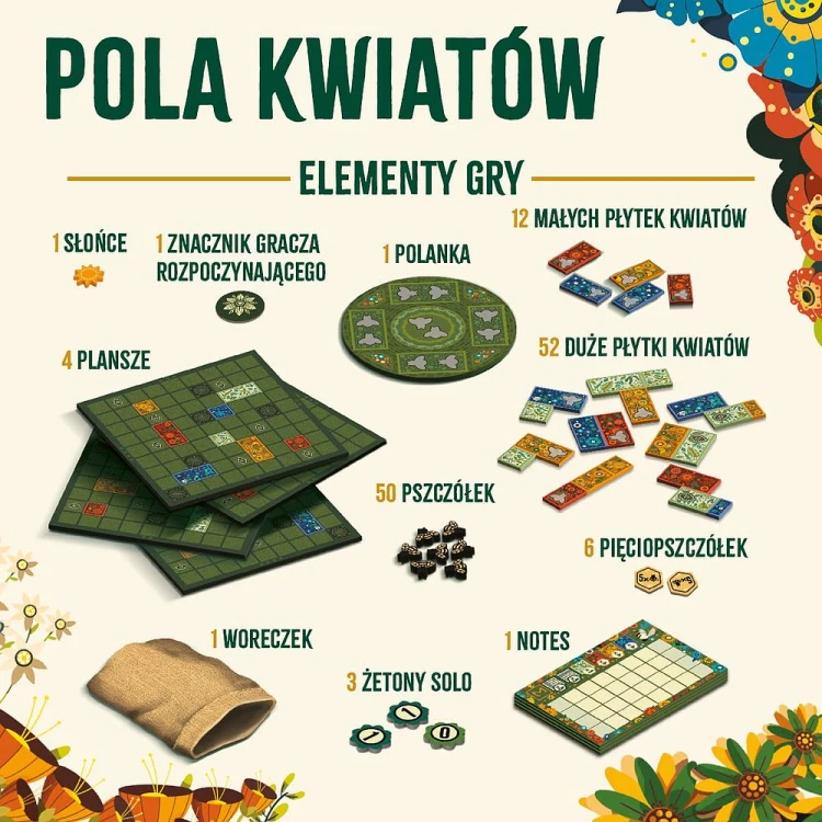 Zbliżenie na kolorowe kafelki i pszczółki w rodzinnej grze Pola kwiatów
