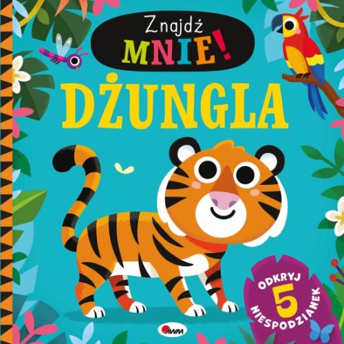 Okładka książki Dżungla. Znajdź mnie! wydawnictwa AWM z ruchomymi i rozkładanymi elementami dla dzieci