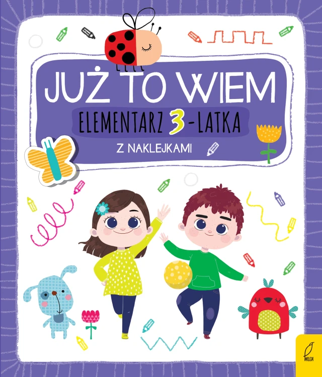Elementarz 3-latka z naklejkami Wilga, okładka książki z zadaniami dla przedszkolaków