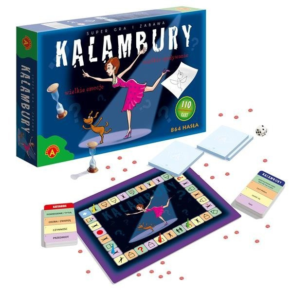 Kalambury gra towarzyska ALEXANDER GRY – pudełko i elementy gry w zbliżeniu