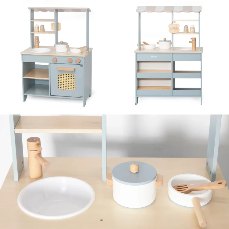 Łopatka i pojemniki na sól i pieprz w drewnianej kuchni i sklepie Viga Toys