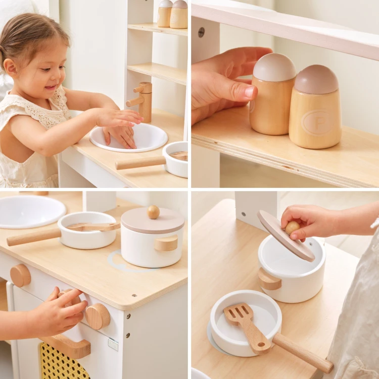 Widok z boku na dwustronną konstrukcję kuchni i sklepu Viga Toys dla dzieci