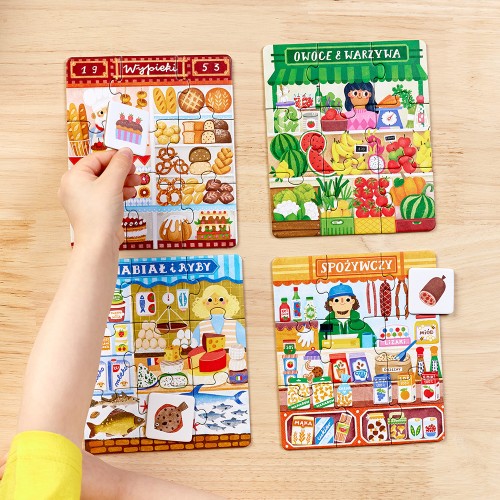 Zbliżenie na elementy zestawu edukacyjnych puzzli Na zakupy 4w1 Bright Junior Media