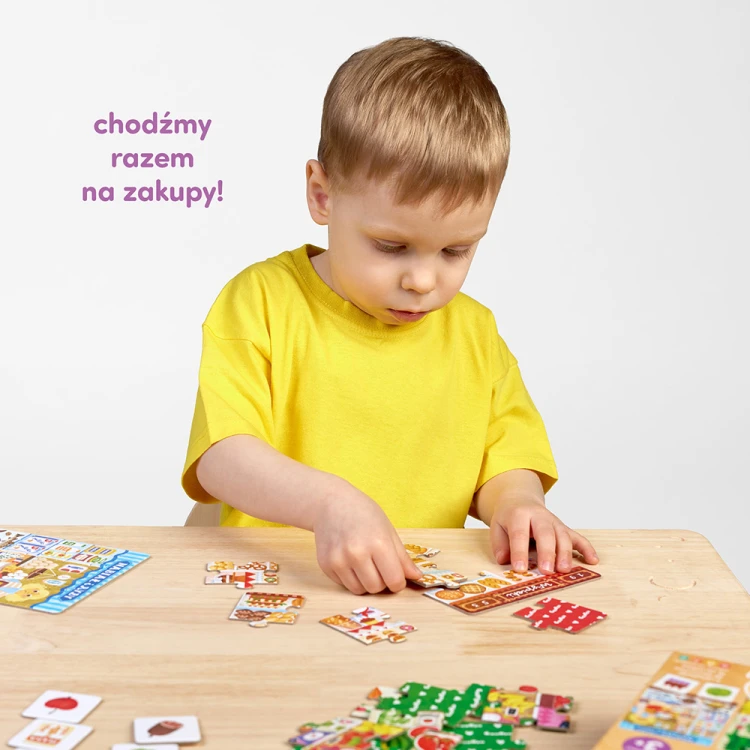 Kolorowe obrazki puzzli Na zakupy 4w1 od Bright Junior Media ukazujące tematykę zakupów