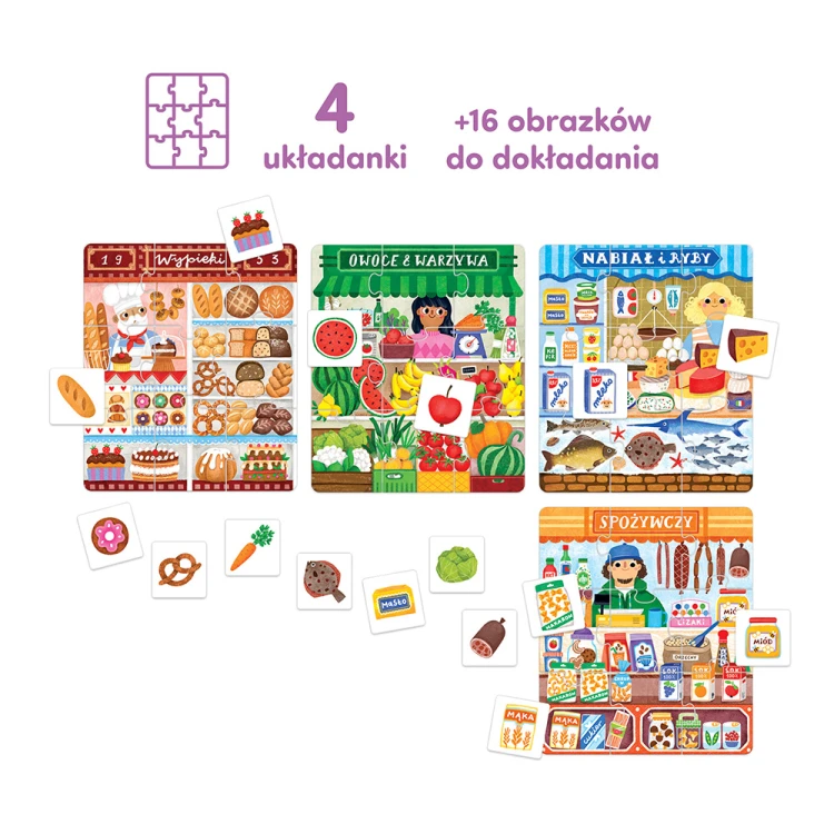 Puzzle edukacyjne Na zakupy 4w1 Bright Junior Media – elementy i opakowanie