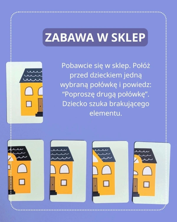 Obrazki lali i domku na kartach układanki Połóweczki Dom i lala – edukacyjna zabawa dla dzieci 2-4 lata