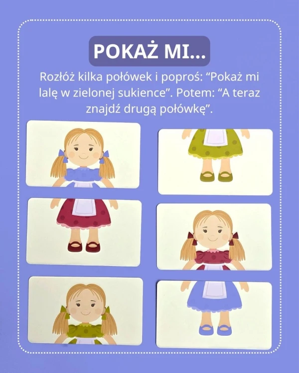 Instrukcja i karty układanki Połóweczki Dom i lala wspierające rozwój spostrzegawczości i koordynacji