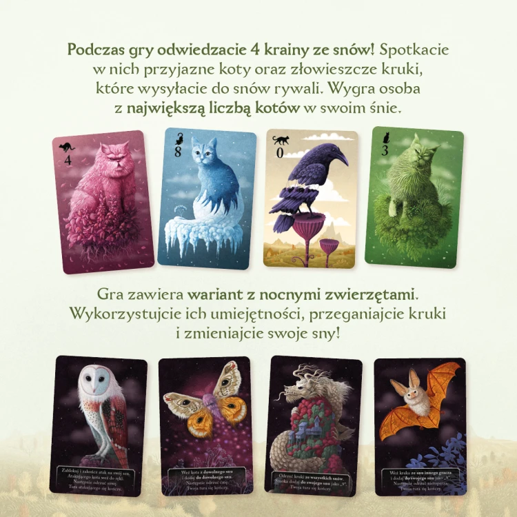 Zestaw kart gry Koty z elementami krain snów i symbolami