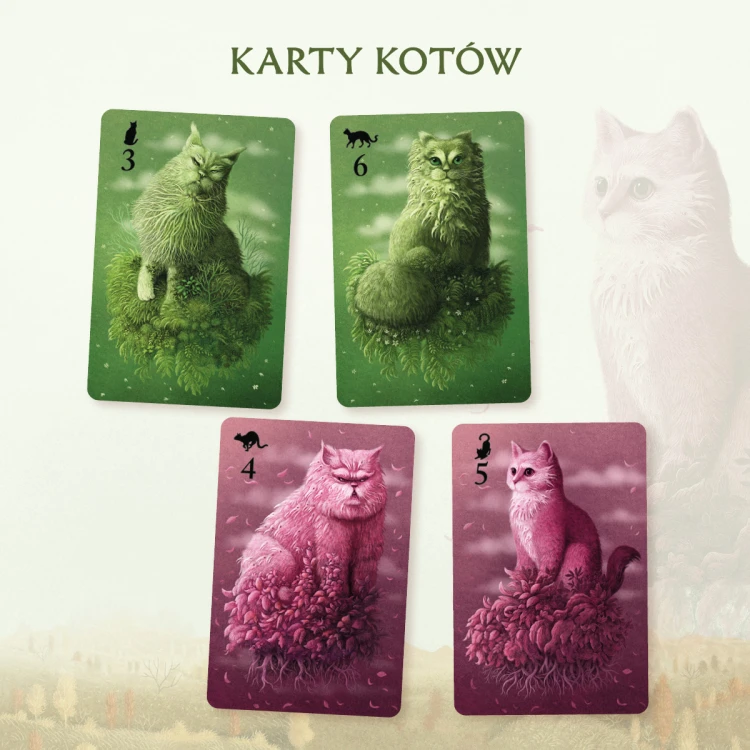 Elementy gry Koty - karty z kotami, krukami i smokami