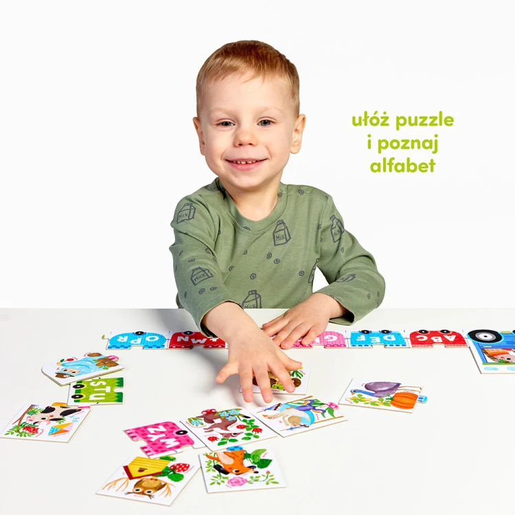 Kolorowe elementy puzzli Literkowy traktor z Bright Junior Media, układanka edukacyjna dla najmłodszych