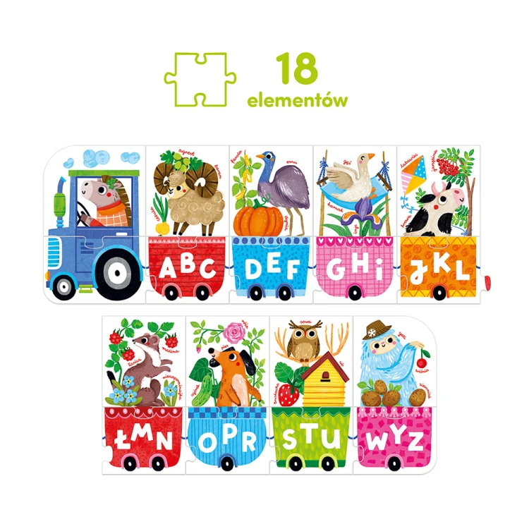 Szczegół puzzli Literkowy traktor z motywem liter i ilustracji, edukacyjny zestaw Bright Junior Media