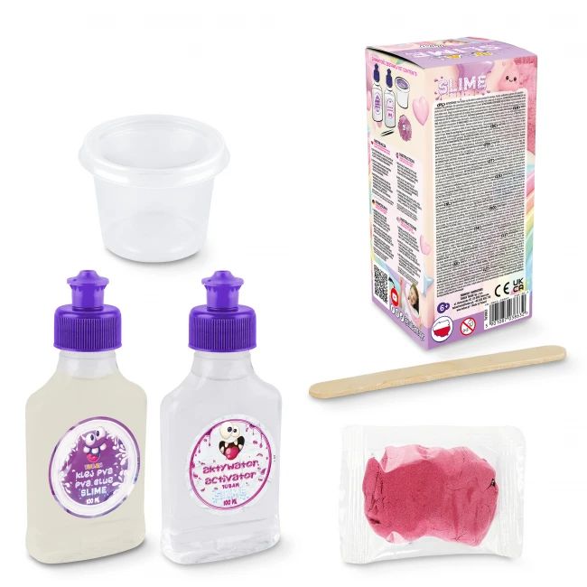 Poszczególne składniki zestawu DIY Slime Fluffy TUBAN: klej biały PVA, piasek Fluffy, aktywator oraz pojemniczek do przechowywania masy