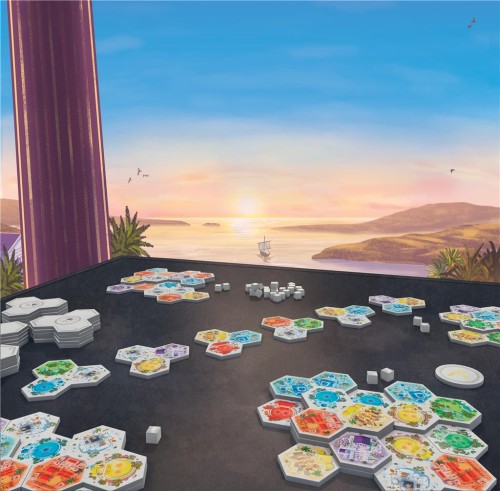 Elementy strategicznej gry planszowej Akropolis Lucky Duck Games – kafelki domów i świątyń
