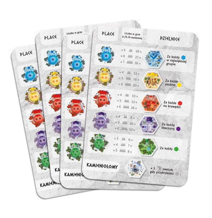 Ustawione elementy miasta w grze planszowej Akropolis Lucky Duck Games