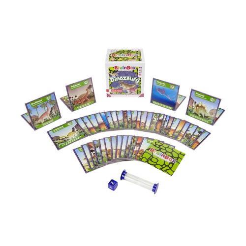 Zestaw 55 kart gry BrainBox Dinozaury REBEL przedstawiający prehistoryczne stworzenia