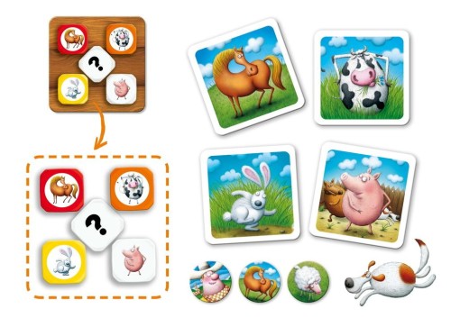 Zbliżenie na karty i żetony zwierząt z gry Superfarmer The Dice Game marki GRANNA