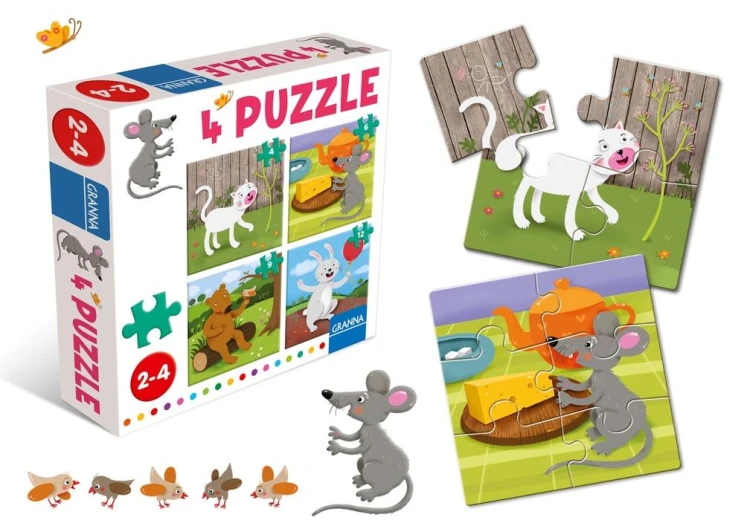 Puzzle z Myszką 4w1 GRANNA — zestaw czterech układanek dla dzieci od 2 lat
