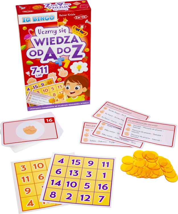 Wiedza od A do Z Tactic Games, edukacyjna gra quizowa bingo z zadaniami dla dzieci.