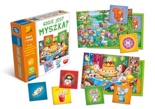 Gra edukacyjna Gdzie jest myszka? GRANNA z planszami i żetonami do wspólnej zabawy