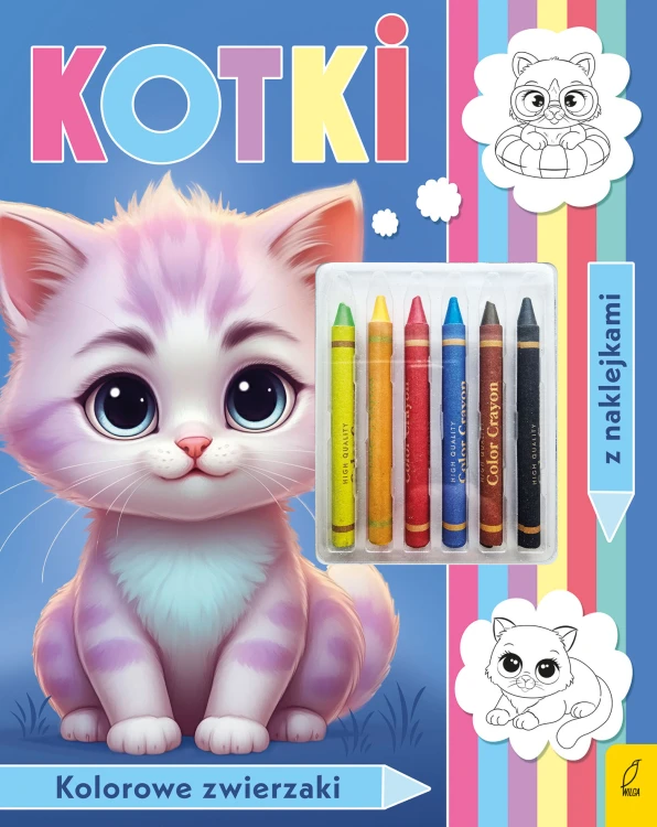 Kolorowanka dla dzieci Kotki Wilga z kredkami, zestaw do kolorowania ilustracji z kotami