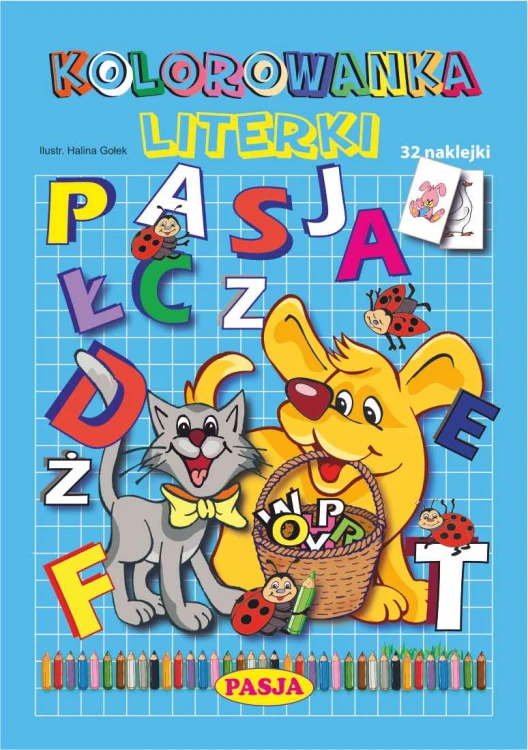 Kolorowanka Literki Pasja, książeczka edukacyjna dla dzieci z naklejkami