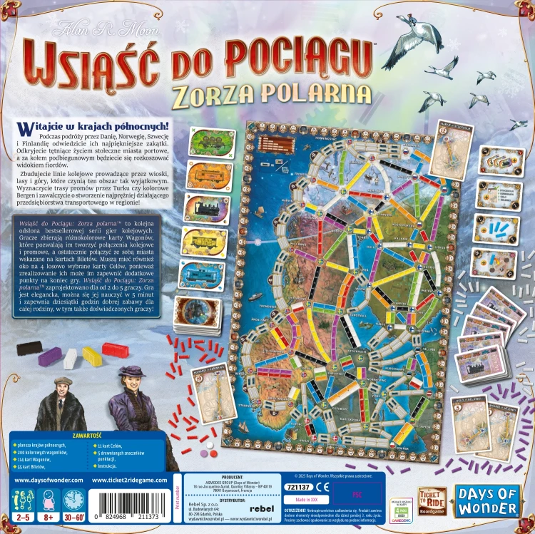 Tył pudełka gry Wsiąść do Pociągu: Zorza polarna z informacjami o rozgrywce